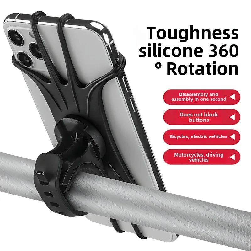 Multifunctional Rotating Silicone Bike Phone Mount – For E-Bikes, One-Click Installation, Elastic Silicone, 4-Corner Clips